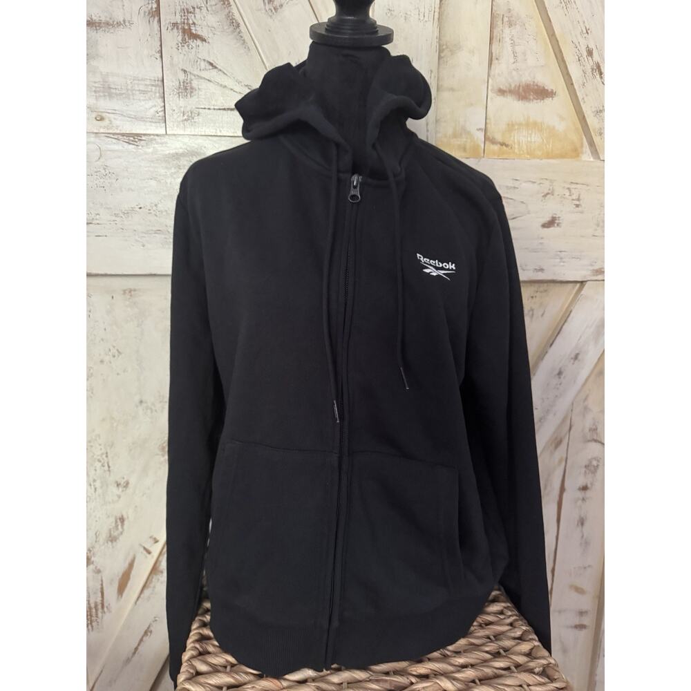 NWT REEBOK‎ Women's Logo Drawstring Hoody Fleece Full Zip | Black | LARGE